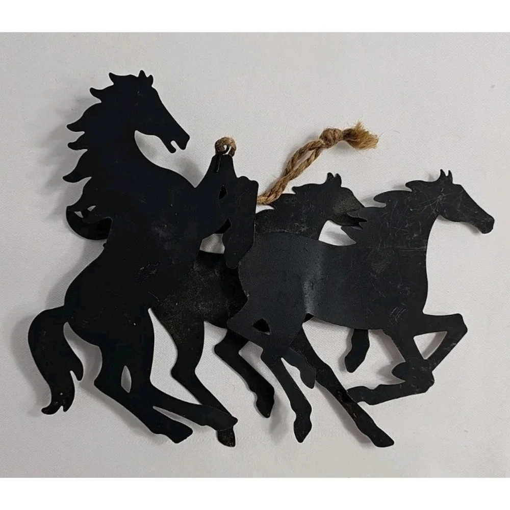 VTG Run/Rearing Wild Horses Cut Metal 3D Hanging Decor Rustic Tones Western 7x7